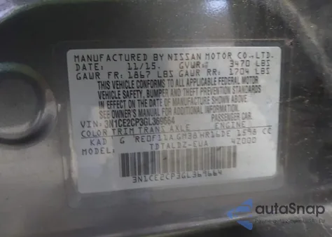 2016 Nissan Versa Note S (Sr)/S Plus/Sl/Sr/Sv from USA, damaged, VIN 3N1CE2CP3GL369664